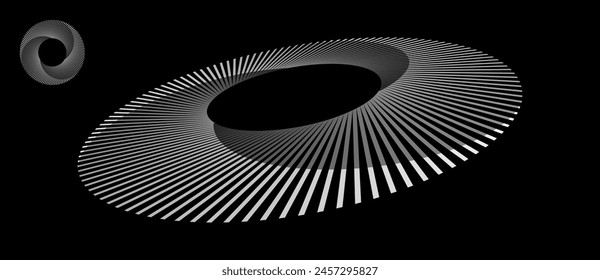 Spirale mit weißen Linien als dynamischer abstrakter Vektorgrafik-Hintergrund oder Logo oder Symbol. Abstrakter Hintergrund mit kreisförmigen Linien. Künstlerische Illustration mit Perspektive auf schwarzem Hintergrund.