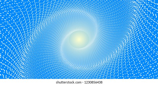 A spiral of white round dots on a blue background with a bright light in the center. Galaxy. Vector eps