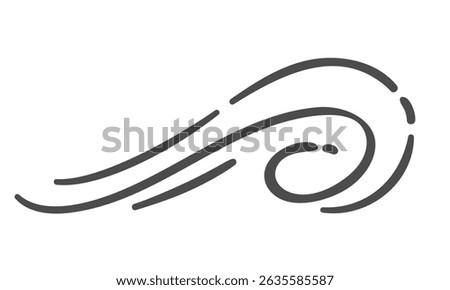 Spiral wind line, air swirl, draft, breeze, airflow, zephyr, monoline, vortex, spiral gust, wind current, outline symbol, movement, windstream, spiral breeze, curve, flow, air loop.