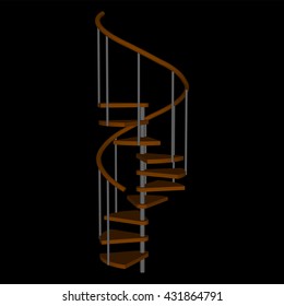 Spiral wooden staircase with a fence.  Modern conceptual stairs 3d isolated. Furniture for Interior.  Vector illustration on a black background.