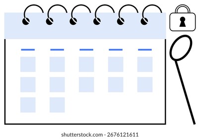 Spiral-bound calendar with days highlighted. Magnifying glass emphasizes detail, and padlock signifies privacy and security. Ideal for scheduling, privacy, security, magnification, planning