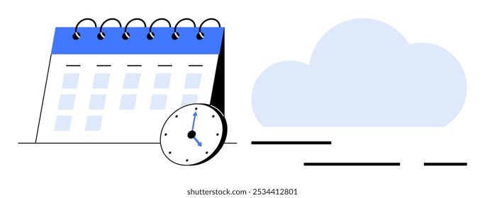 Calendario encuadernado en espiral junto a un reloj y una nube. Ideal para productividad, programación, organización, planificación, almacenamiento en la nube. Estilo minimalista y moderno. Esquema de color azul, blanco y negro simple