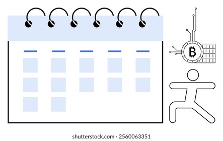 A spiral-bound calendar next to a running stick figure and a cryptocurrency symbol emphasizes scheduling, planning, and financial innovation. Ideal for finance, organization, technology, startup