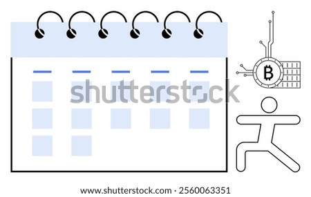 A spiral-bound calendar next to a running stick figure and a cryptocurrency symbol emphasizes scheduling, planning, and financial innovation. Ideal for finance, organization, technology, startup