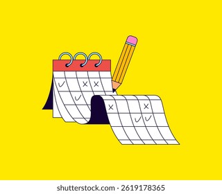 Spiral-bound desk calendar with a pencil marking dates calendar pages are curling, showing multiple months cartoon vector illustration hand drawn for planning, organization, and scheduling