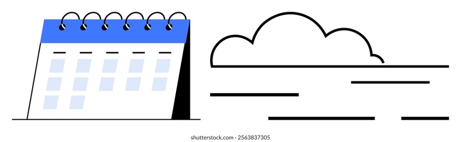 Spiral-bound desk calendar shows multiple weeks highlighted. Next to it a cloud icon is depicted with horizontal lines, symbolizing cloud computing or online schedule management. Ideal for planning