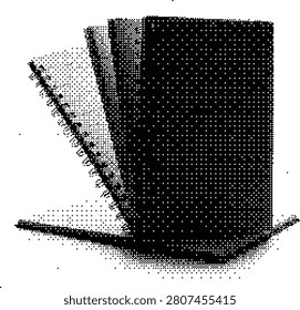 A spiral-bound notebook, depicted in a black and white halftone illustration. Perfect for school, office, writing, or creative projects.