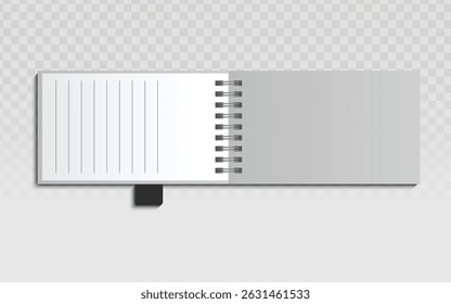 Spiral-bound notebook with lined page and bookmark tab, perfect for school supplies, office stationery, and planner designs. Clean flat lay on transparent and light gray background.
