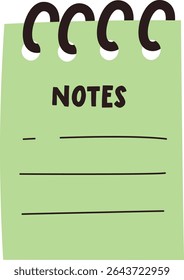 A spiral-bound notebook page with lines and the word 'NOTES' in bold. The page features a simple design with a focus on functionality. Cartoon vector illustration.