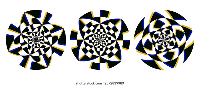 Spiraling abstract patterns with intricate, geometric designs in a modern style. Perfect for graphic design, branding, and artistic backgrounds.