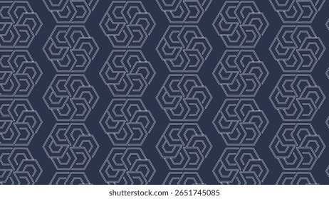 Spiraling geometric hexagons in a consistent repeat over a dark blue canvas. Ideal for futuristic, modern, and digital design uses.
