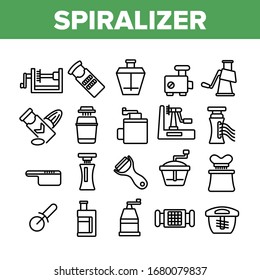 Spiralizer Kitchenware Collection Icons Set Vector. Spiralizer Kitchen Utensil For Slicing And Cutting, Meat Grinder And Grater Concept Linear Pictograms. Monochrome Contour Illustrations