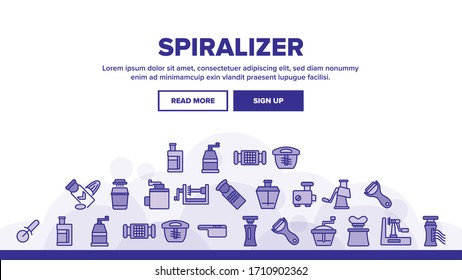 Spiralizer Kitchenware Landing Web Page Header Banner Template Vector. Spiralizer Kitchen Utensil For Slicing And Cutting, Meat Grinder And Grater Illustrations