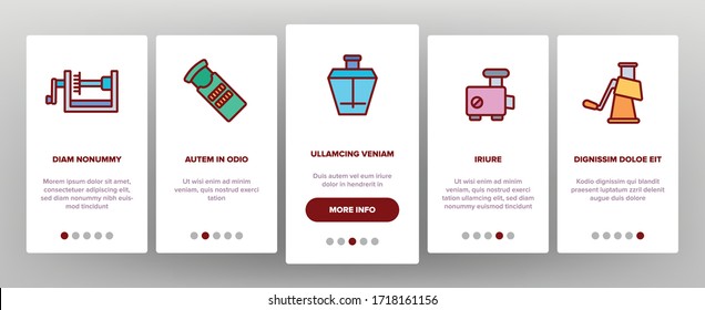 Spiralizer Kitchenware Onboarding Icons Set Vector. Spiralizer Küchenherd zum Schneiden und Schneiden, Fleischfräser und Gratillustrationen
