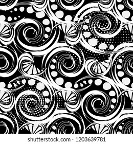 Spirals abstract black and white vector seamless pattern. Geometric ornamental halftone dotted background. Spiral swirls, wavy shapes, stripes, circles, dots. Repeated monochrome geometrical ornament.