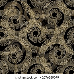 Espirales. Resumen de líneas modernas en un patrón sin fisuras. El fondo ornamental hermoso vector. Repita el fondo decorativo con motivos en negro y oro. Ornamentos de formas espirales. Textura interminable ornamentada.