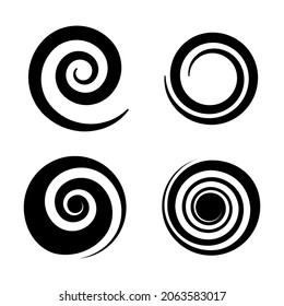 Spirals. Circle black twirl different forms, twisted swirl silhouette. Abstract wave curve shape pictogram, creative round logo, decorative element brush texture vector isolated icons set