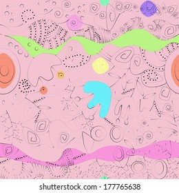 Spirals and  colored tulips on a pink background. Seamless pattern.