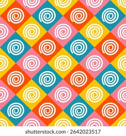 Spirals in colourful tiles seamless vector pattern