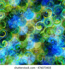 Spirals. Diagonal rows of circles. Abstract seamless vector background for fabric, wrapping paper. Decorative patter. Watercolor effect. Blue and green