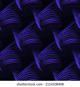 Espirales y fractales 3d patrón sin fisuras. Fondo ornamental azul oscuro dinámico. Ornamento de superficie de tracería de líneas espirales. Fondo de repetición geométrica texturado. Las espirales rayadas modernas son una textura interminable.