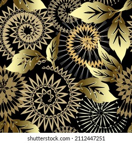 Spirals. Gold floral seamless pattern. Beautiful ornamental vector background. Repeat patterned luxury backdrop. Abstract spiral zigzag mandalas, flowers, leaves, fractals, radial shapes, lines.