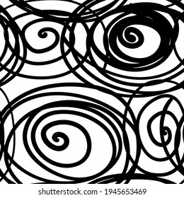 Spirals lines. Seamless pattern with hand drawn marker strokes. Ink illustration. Isolated on white background. Hand drawn black elements. Vector design texture