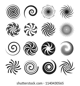 Spirals and liquid twirls. Black spiral curve, shape, pattern spin quickly and lightly round. Vector flat style cartoon illustration isolated on white background