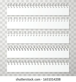 Spirals for notepads or writing pads. Bundle of metal or plastic coil, comb or wire bindings for stationery, office supplies, paper documents. Set of bookbinders. Modern realistic vector illustration.