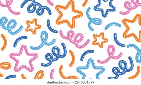 Spirals, rectangles, and diamonds in green, yellow, pink, and blue compose a modern geometric abstract design with dynamic movement and playful structure.
