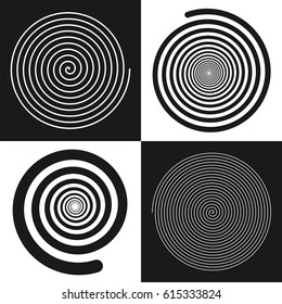 Spirals set: uniform and decreases towards the center. Vector illustrations. Black and white isolated geometric figures. Symbol of recurrence and cyclicity of progress.