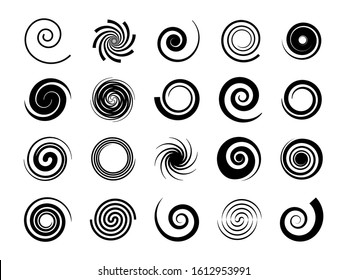 Spirals. Twisted swirl, circle twirl and circular wave elements, psychedelic hypnosis symbols, black geometric digital drawing, vector set of round graphic spin shapes