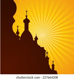 Spires of a church in silhouette on the bright background, vector illustration