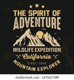 The spirit of adventure, California vintage typography for t-shirt and poster. Outdoor, wildlife journey vector typography with mountain illustration. Good for label, emblem, stamp too.  