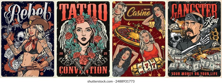 Spirit adventure colorful set stickers with woman from wild west and armed gangsters near promo tattoo convention vector illustration