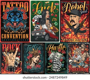 Spirit adventure set flyers colorful with tattoo convention promo and punter head near armed man among flames vector illustration