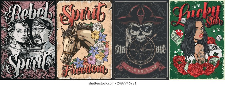 Spirit adventure set flyers colorful gangsters and horse from western near pirate skull and lady from casino vector illustration