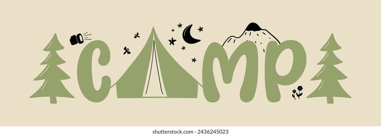 Spirit of adventure with this camping badge in flat design style. An emblem of exploration and simplicity, it beckons to the traveler. Vector illustration design in green hues nice as a design element