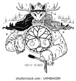 Spirit of Arctic lands. Inuit shaman woman with drum. Vector hand drawn illustration on white background.