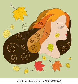 The spirit of autumn: young woman, painted in the autumn colors, surrounded by falling leaves. Art vector illustration for you design.