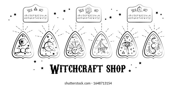 Spirit board. Ouija board pointers. Vector magical illustrations. Witchcraft shop logotype. Occult symbols and signs.