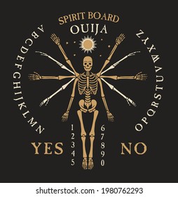 Spirit Board Ouija with Skeleton.  Vector Illustration.