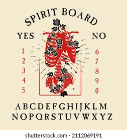 Spirit Board Ouija with Skeletons. Bones and roses. Vector Illustration.