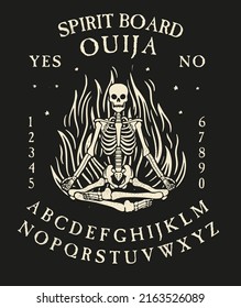 Spirit Board Ouija with Skeletons` Dance. Yoga skeleton on fire. Vector Illustration.