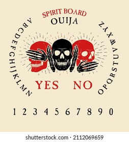 Spirit Board Ouija with Skeletons.Skulls. I hear nothing, and I say nothing. Vector Illustration.