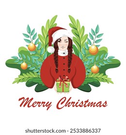 The Spirit of Christmas, Brunette Woman with Braided Pigtails in red Santa Outfit Offering a Bowed Gift Box, Surrounded by Christmas Greenery and Holiday Decorations