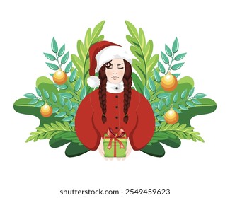 The Spirit of Christmas, Brunette Woman with Braided Pigtails in red Santa Outfit Offering a Bowed Gift Box, Surrounded by Christmas Greenery and Holiday Decorations