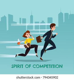Spirit of competition urban poster with running young man and woman used in business trying overtake each other flat vector illustration