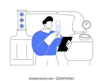 Spirit destilling abstract concept vector illustration. Industrial worker distilling spirit at factory, making hard liquor, alcohol beverage production, drink manufacturing abstract metaphor.