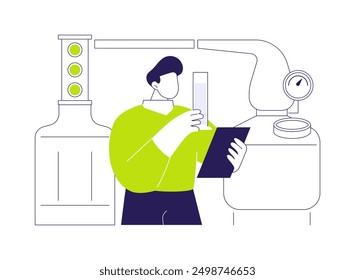 Spirit destilling abstract concept vector illustration. Industrial worker distilling spirit at factory, making hard liquor, alcohol beverage production, drink manufacturing abstract metaphor.